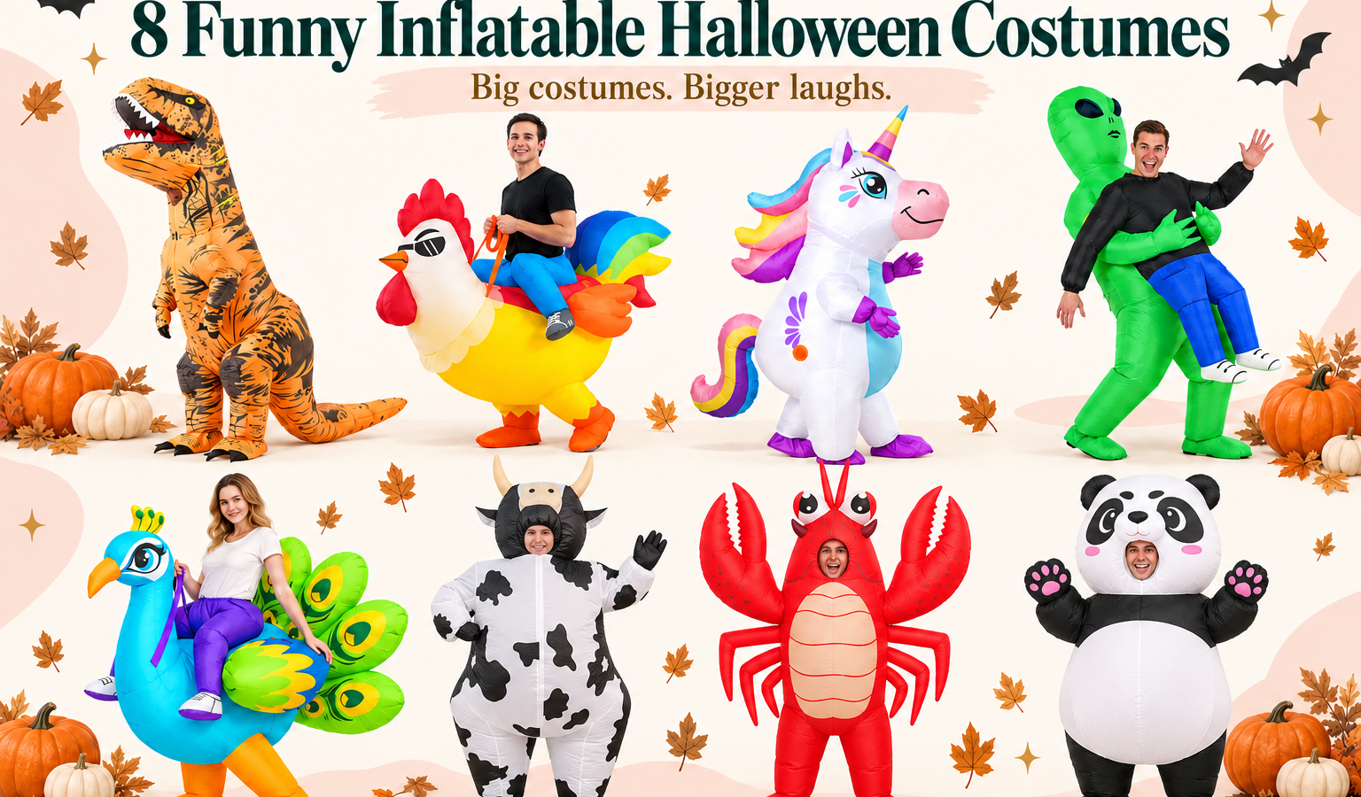 Eight funny inflatable Halloween costumes: T. rex, cow, chicken, unicorn, lobster, alien abduction, peacock, and panda.
