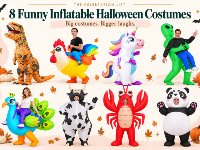 Eight funny inflatable Halloween costumes: T. rex, cow, chicken, unicorn, lobster, alien abduction, peacock, and panda.