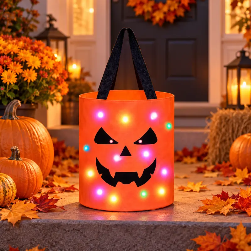 Styled illustration of light-up pumpkin candy tote