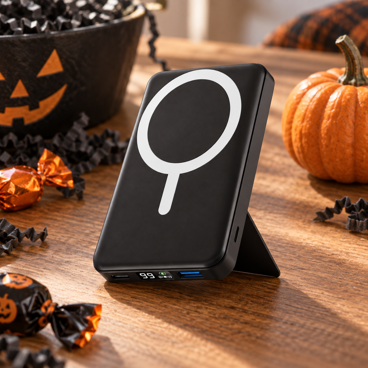 Black podoru magnetic power bank on a Halloween table with candy and pumpkin