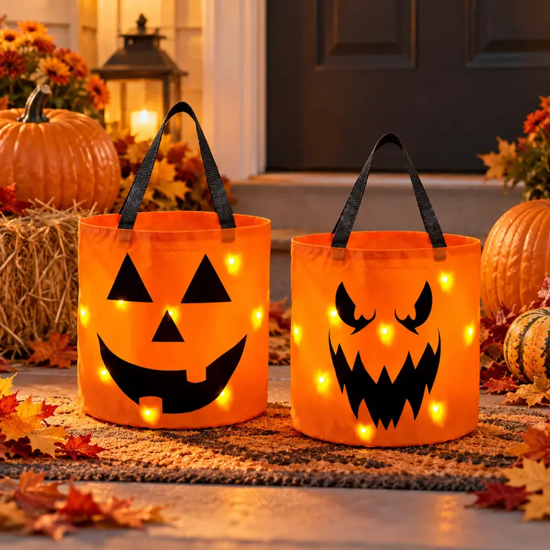 Styled illustration of two led jack-o'-lantern buckets