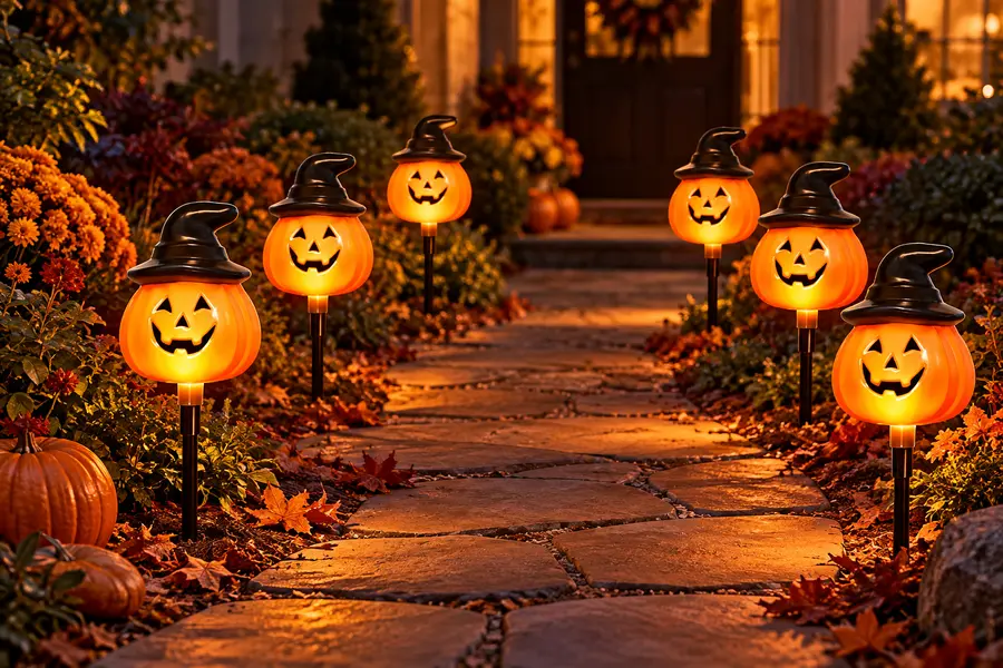 Orange jack-o-lantern Halloween solar stake lights with black witch hats