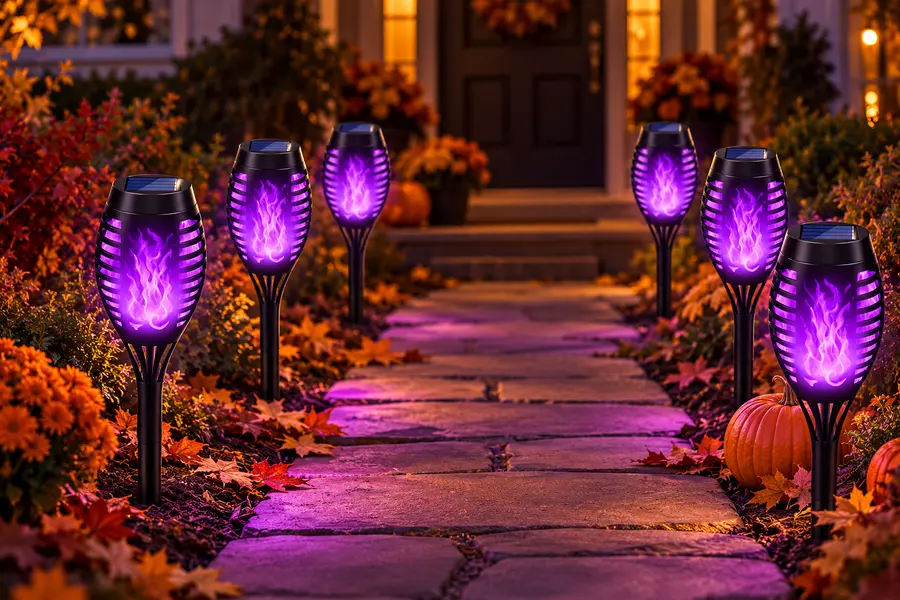 Purple flickering flame Halloween solar torch stake lights in a garden