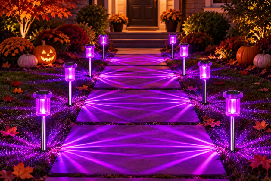 Purple solar pathway stakes casting Halloween light patterns on a walkway