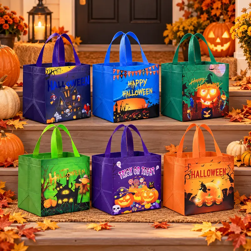 Styled illustration of six reusable halloween totes