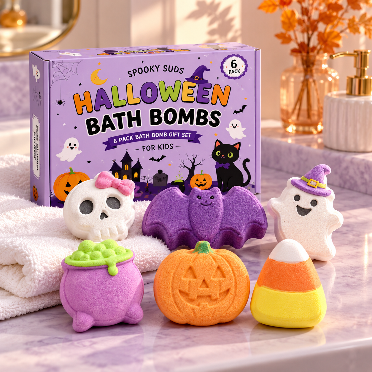 Six colorful Halloween bath bombs with purple Spooky Suds gift box
