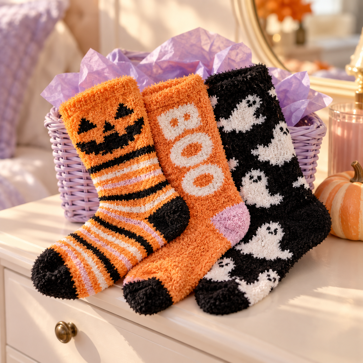 Orange and black fuzzy Halloween socks styled in a lavender Boo Basket