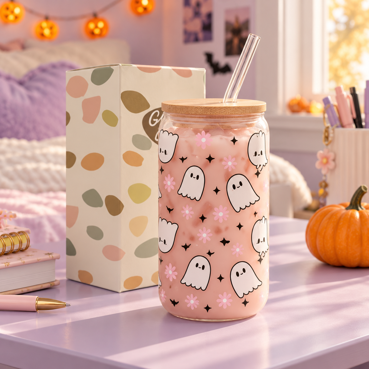 Pink ghost tumbler with bamboo lid and clear straw on a lavender desk