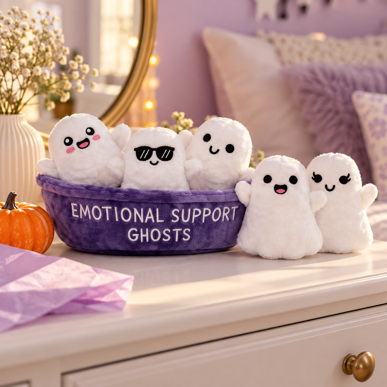 Five white plush emotional support ghosts in their purple plush basket