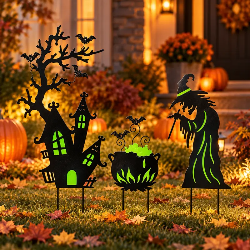 Witch haunted house and cauldron yard stake scene