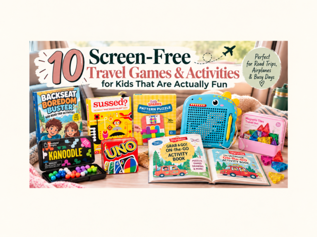 Screen-free travel games and activities for kids in a bright family travel collage