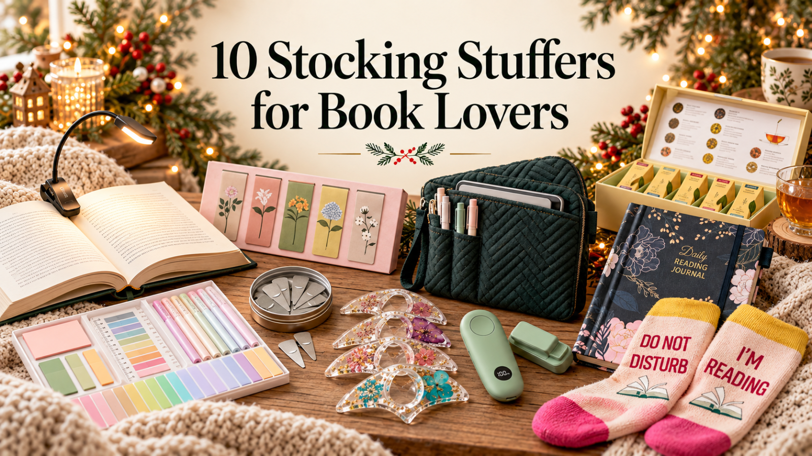 Book lover stocking stuffer gifts arranged in a cozy holiday reading nook with the title 10 Stocking Stuffers for Book Lovers