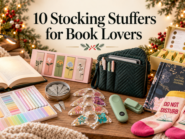 Book lover stocking stuffer gifts arranged in a cozy holiday reading nook with the title 10 Stocking Stuffers for Book Lovers