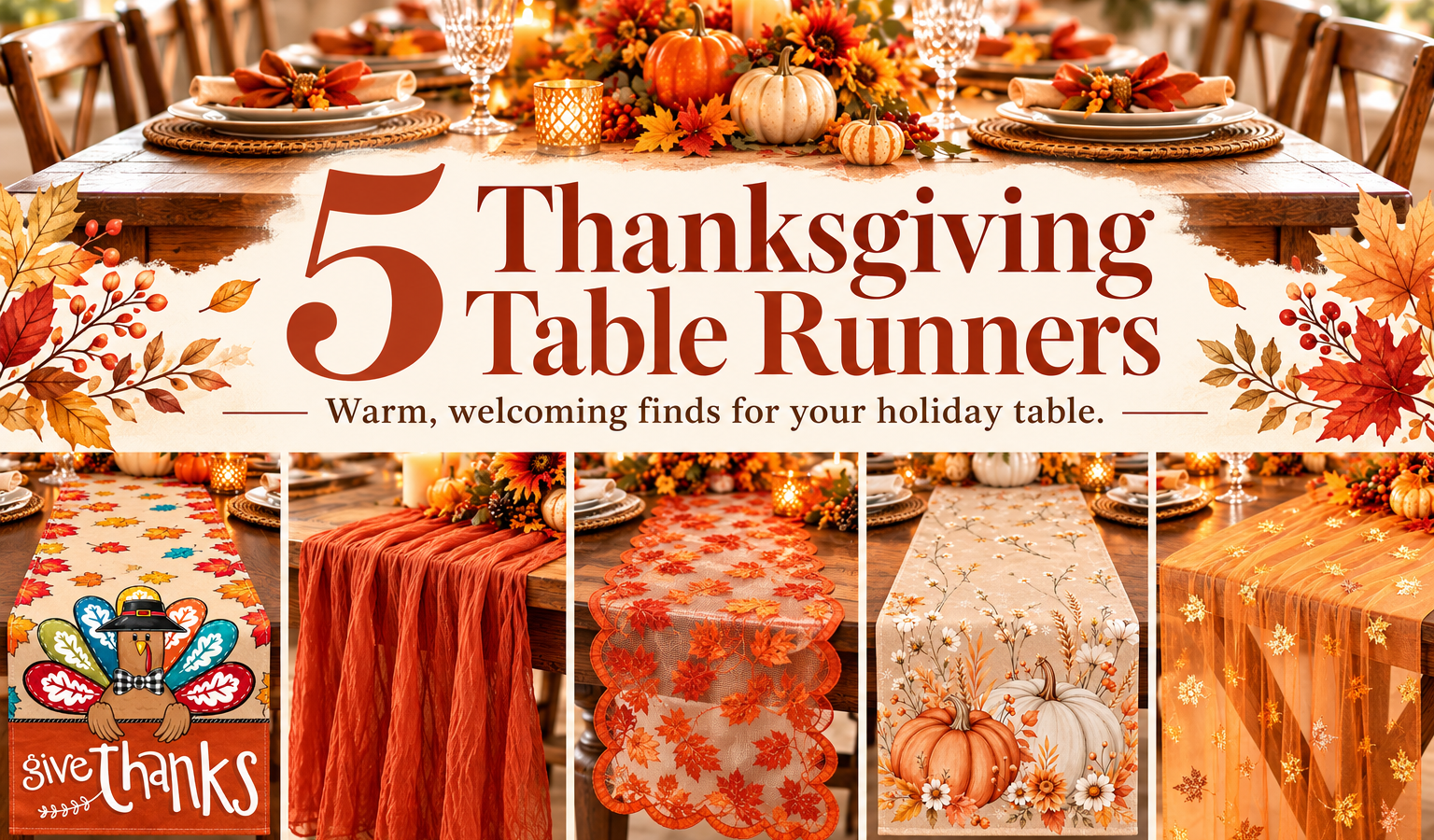 5 Thanksgiving table runners: turkey print, burnt orange gauze, maple lace, neutral pumpkin floral, and gold leaf gauze