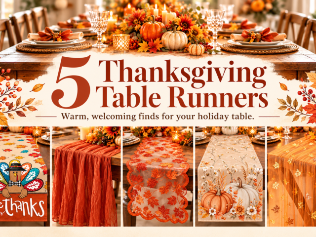 5 Thanksgiving table runners: turkey print, burnt orange gauze, maple lace, neutral pumpkin floral, and gold leaf gauze