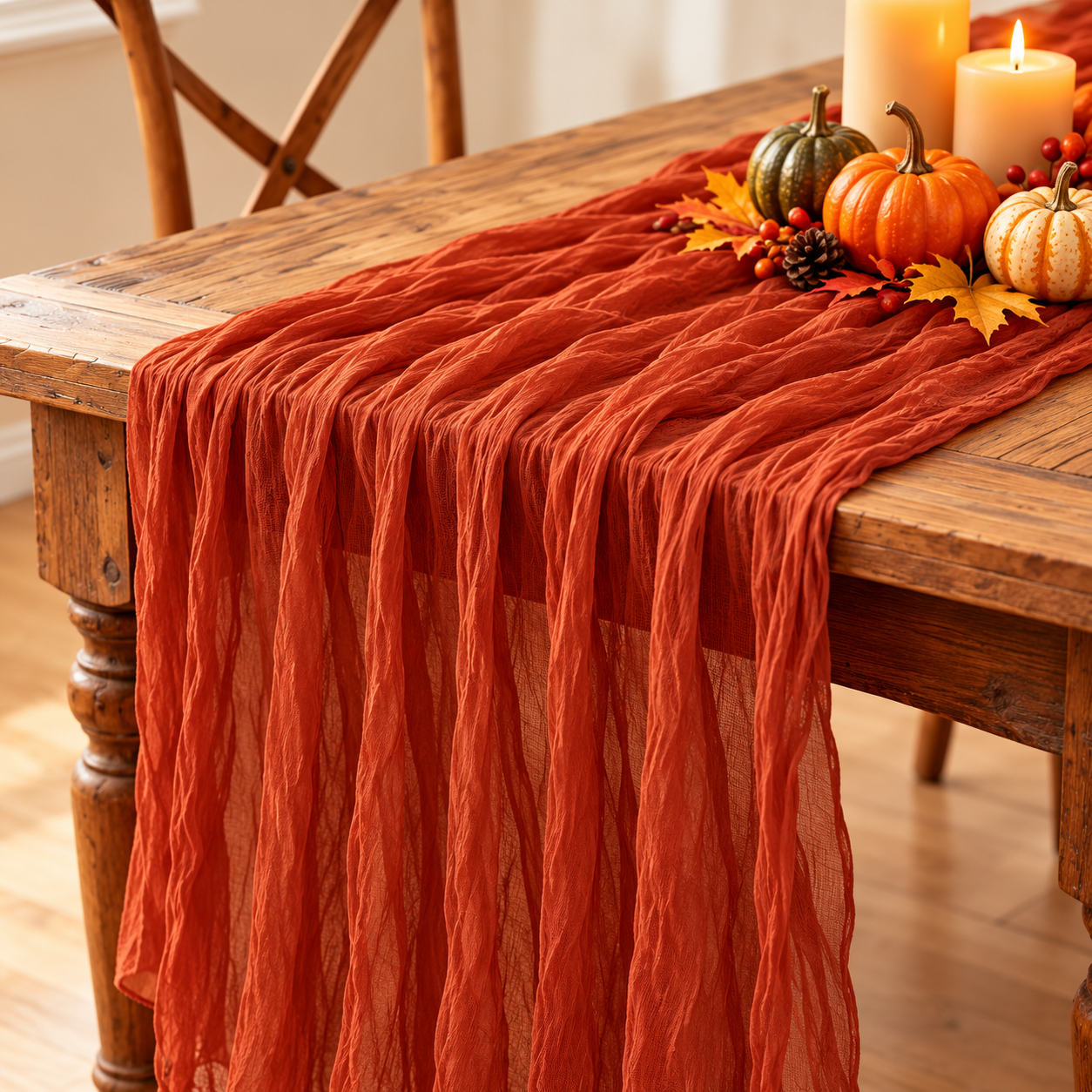 Burnt orange cheesecloth Thanksgiving table runner