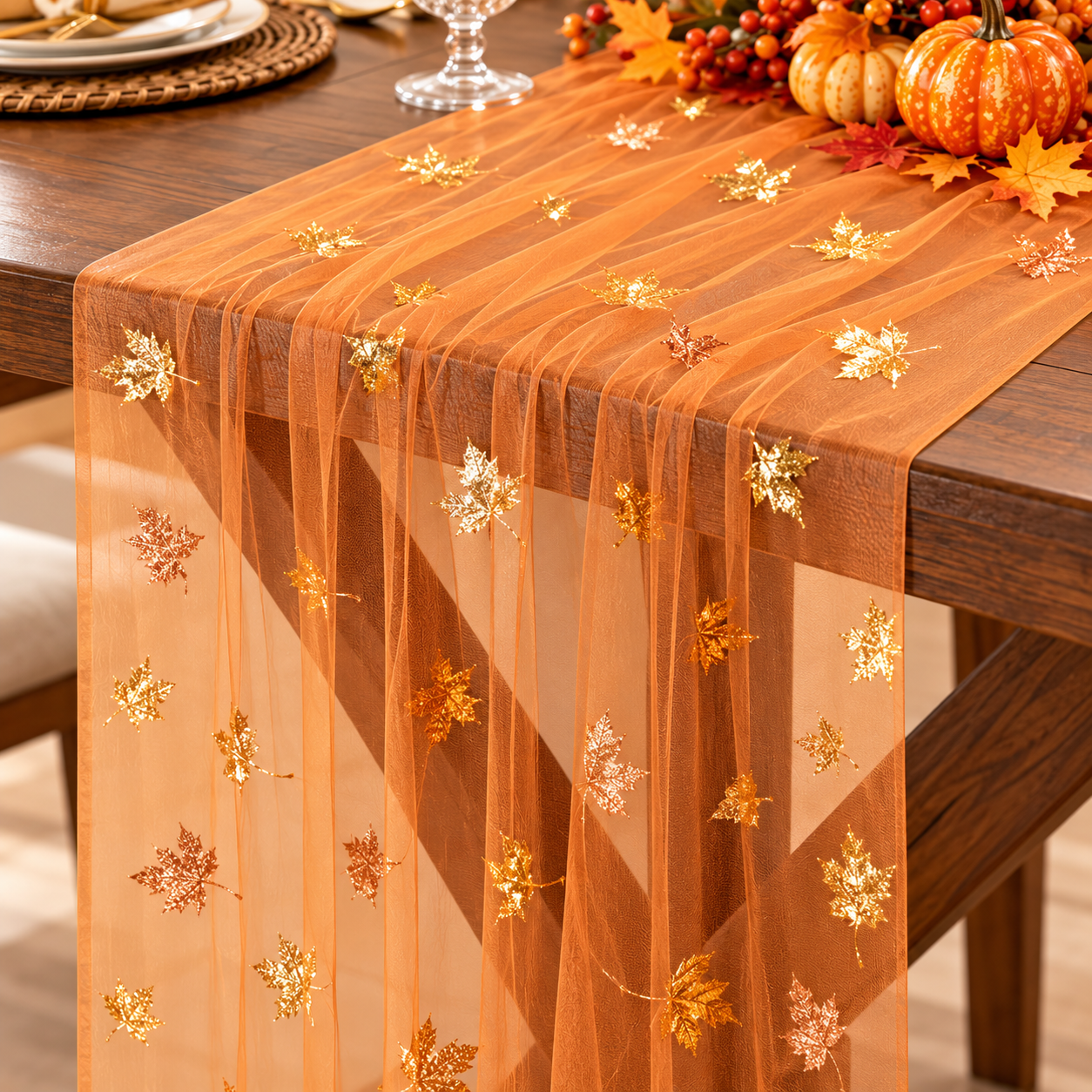 Orange maple leaf lace Thanksgiving table runner