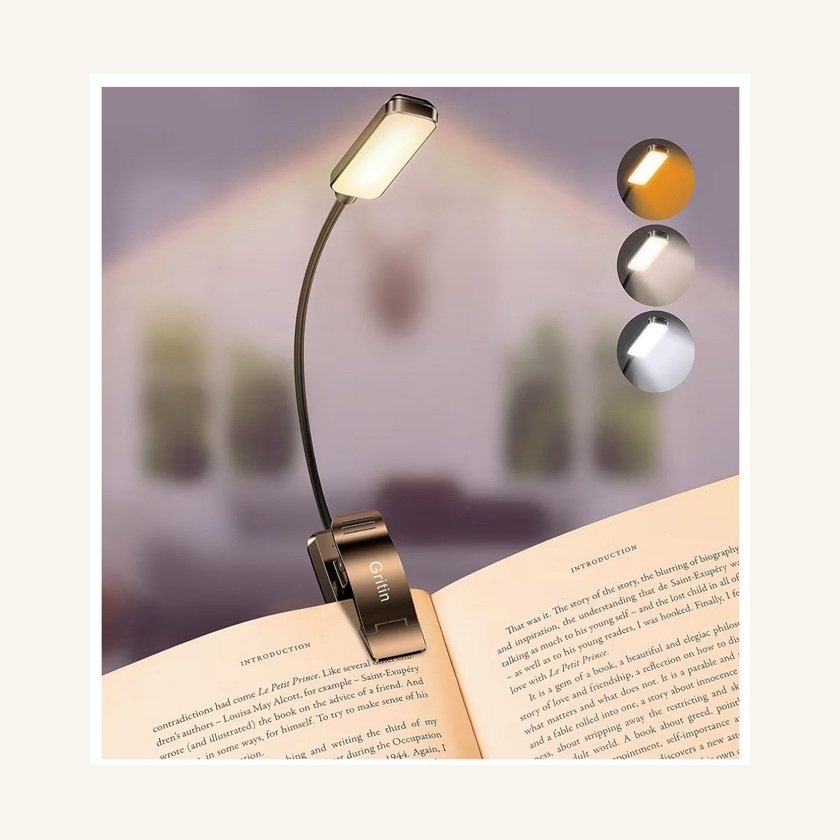 Gritin rechargeable clip-on book light attached to a book