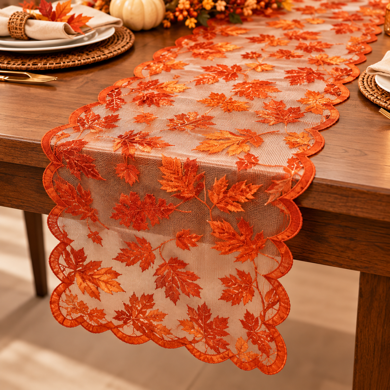 Neutral floral pumpkin Thanksgiving table runner