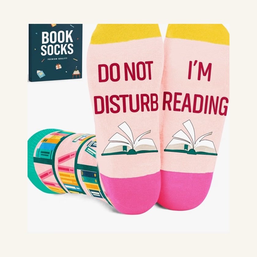 Reading socks with a book-lover message