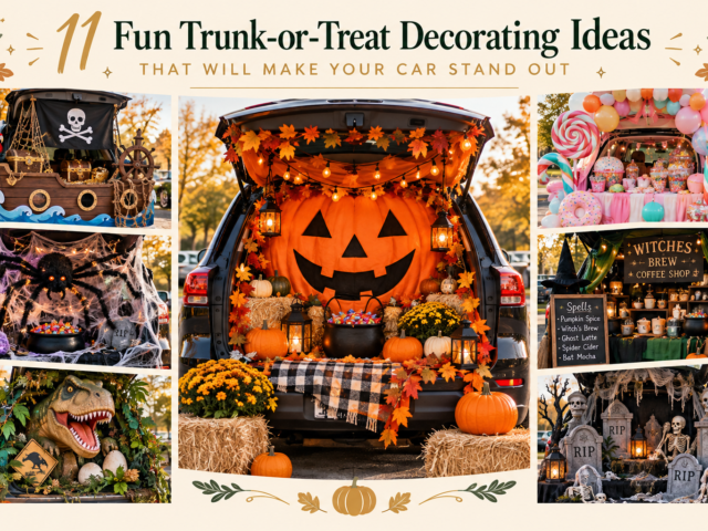Wide landscape collage of Halloween trunk-or-treat decorating ideas, including pirate, spiderweb, dinosaur, candy, witch coffee shop, and graveyard themes.