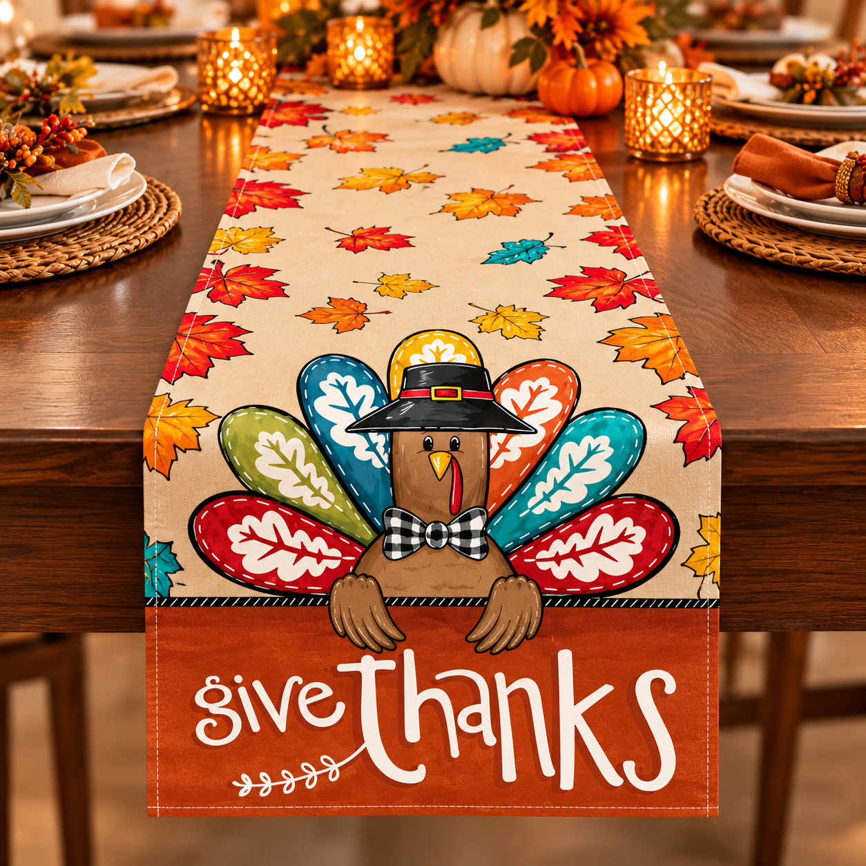 Thanksgiving turkey Give Thanks table runner